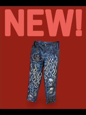 Blue Flame & Skull Leather Pants